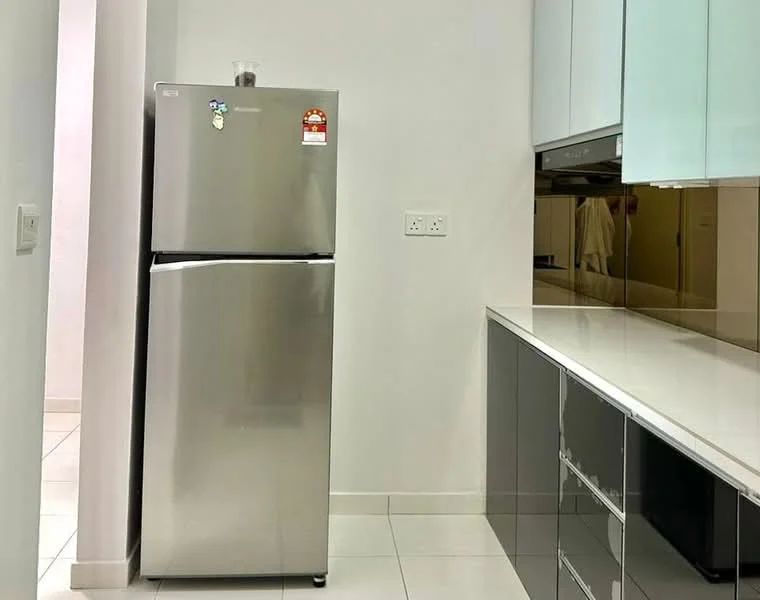 Kitchen features: stainless-steel fridge, white cabinetry, black cabinetry, white countertop, mirror backsplash, tile flooring, under-cabinet lighting, built-in oven; style: modern.