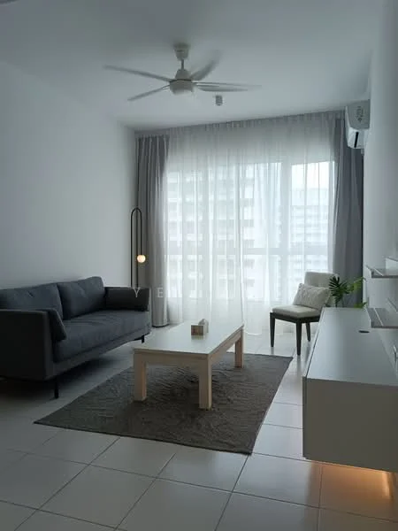 Living features: 3-seater fabric sofa in grey, coffee table, area rug, floor-to-ceiling windows, sheer curtains, ceiling fan, wall-mounted air conditioning unit, decorative plant in ceramic pot, light floor tiles, white painted walls, modern floor lamp; style: modern.