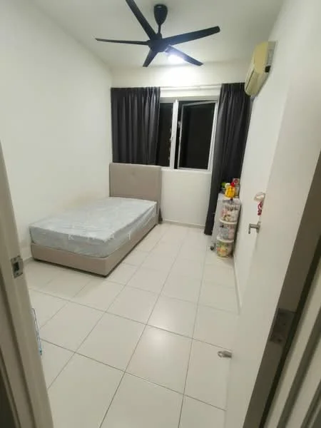 Bedroom features: single bed, grey upholstered bed frame, white bedding, floor-to-ceiling window, blackout curtains, white painted walls, light-colored tile flooring, ceiling fan with light, air conditioning unit, nightstand, decorative storage containers; style: modern.