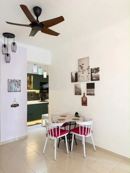 Dining features: 4-seater round dining table, white wooden chairs with red cushions, pendant lighting with multiple bulbs, 5-blade ceiling fan, white painted walls, tile flooring, decorative wall art, open layout to kitchen; style: modern. Kitchen features: green cabinetry, black backsplash tiles, visible countertop, under-cabinet lighting; style: modern.