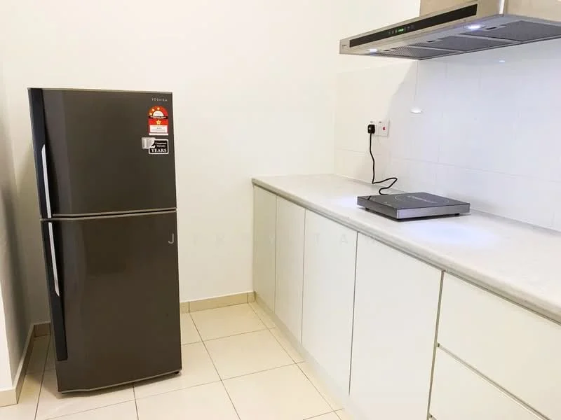 Kitchen features: grey fridge, stainless-steel range hood, white cabinetry, light grey countertop, ceramic tile flooring, white tiled backsplash, induction cooktop; style: modern.