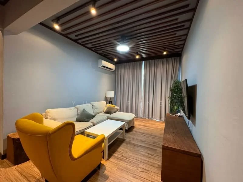 Living features: 3-seater fabric sofa in white, yellow accent armchair, wooden coffee table, wall-mounted TV, wooden TV console, floor-to-ceiling windows with sheer curtains, recessed downlights, ceiling fan, wooden flooring, decorative plant in pot, textured wall with wood paneling; style: modern.