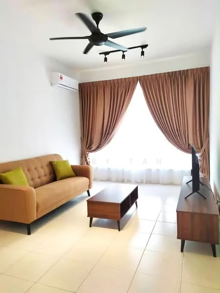 Living features: 3-seater fabric sofa in beige, wood coffee table, TV console, wall-mounted TV, floor-to-ceiling window, sheer curtains, brown drapes, 1 wall-mounted split AC, ceiling fan with light, light-colored tiled flooring; style: modern.