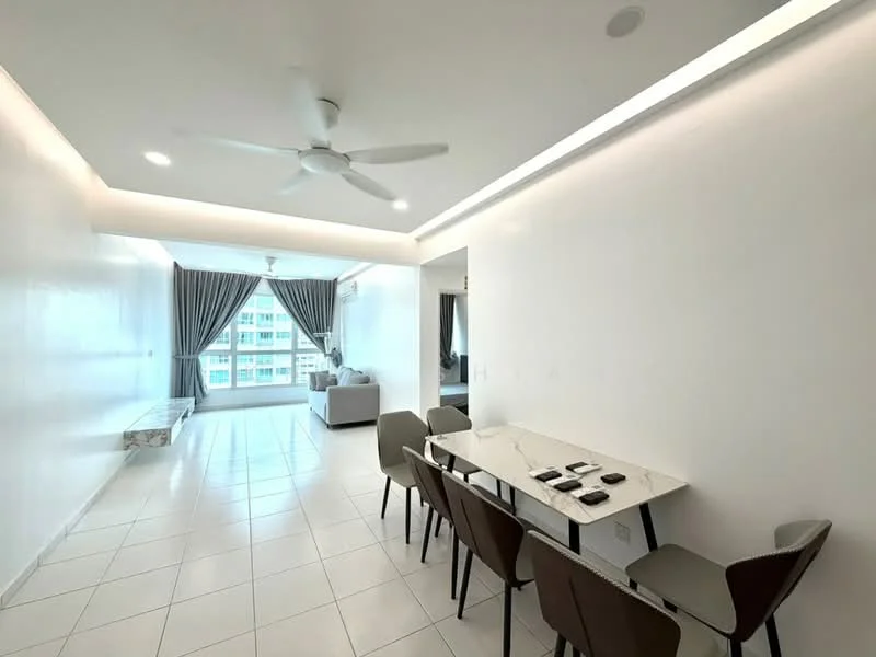 Dining features: white painted walls, tile flooring, 5-blade ceiling fan with light, recessed downlights, marble dining table, 4 upholstered dining chairs, large window with city view, curtains, open layout to living area; style: modern; view: city. Living features: grey fabric sofa, coffee table, TV console, large window with city view, curtains; style: modern; view: city.
