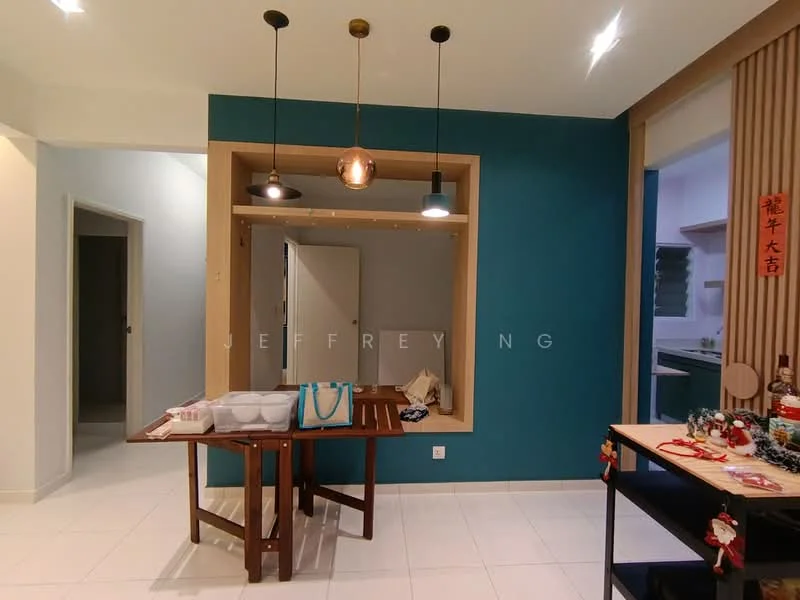Dining features: white tiled flooring, blue accent wall, wooden dining table, 3 pendant lights, open layout, wall-mounted shelving, doorway to kitchen, decorative wall art, neutral wall color, built-in nook, visible storage area; style: modern.