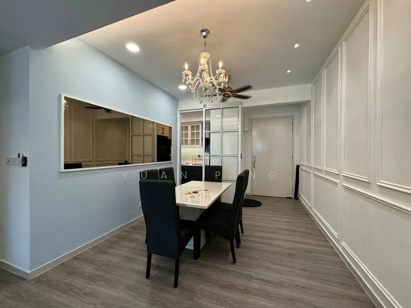 Dining features: 6-seater dining table, black upholstered dining chairs, chandelier, recessed downlights, mirror on wall, white wainscoting, light grey walls, laminate flooring, ceiling fan; style: modern. Kitchen features: white cabinetry, glass-front upper cabinets, countertop with backsplash, built-in oven, freestanding range oven, microwave, kitchen island; style: modern.