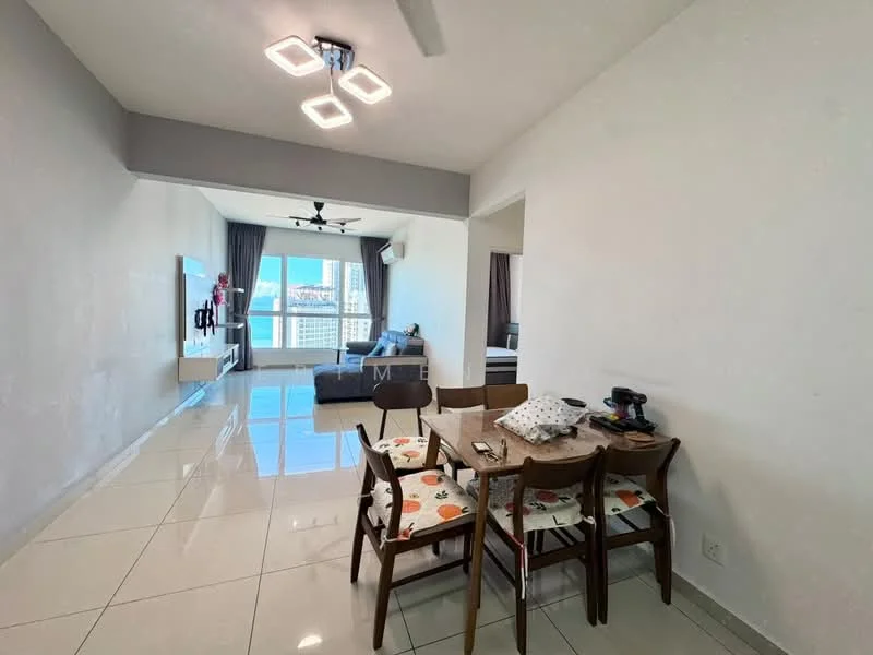 Dining features: dining table with four chairs, white walls, glossy tile flooring, ceiling fan with light, large window with city view, decorative items on table; style: modern; view: city. Living features: sofa, wall-mounted TV, TV console, large window with city view, curtains, light fixture, open layout to dining area; style: modern; view: city.