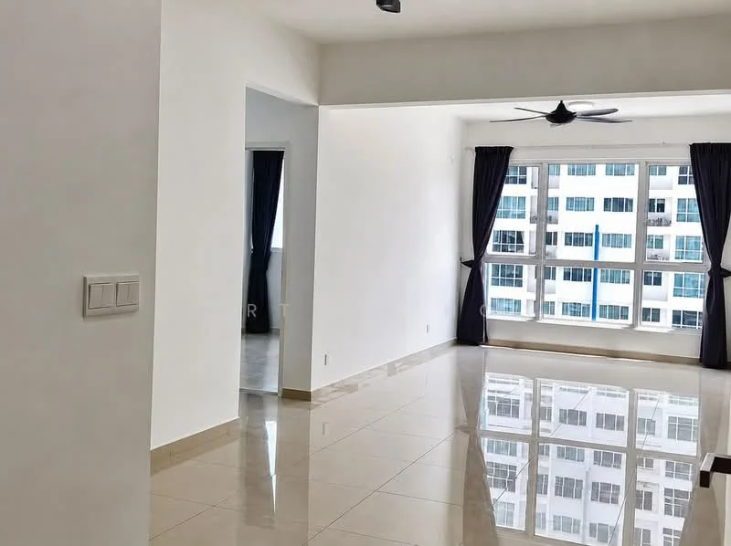 Living features: white painted walls, glossy ceramic tile flooring, 5-blade ceiling fan, floor-to-ceiling windows, blackout curtains, natural light, open layout, city view; style: modern; view: city. Room features: white painted walls, glossy ceramic tile flooring, doorway leading to another room.