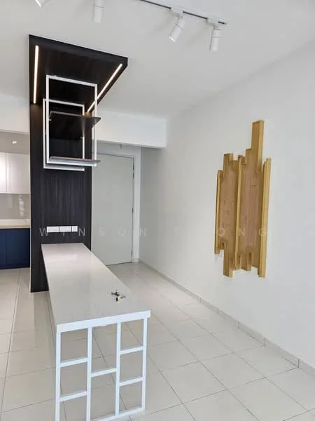 Kitchen features: white quartz countertop, blue cabinetry, white cabinetry, open shelving, pendant lighting, tile flooring, wall-mounted storage unit, decorative wooden wall feature; style: modern.