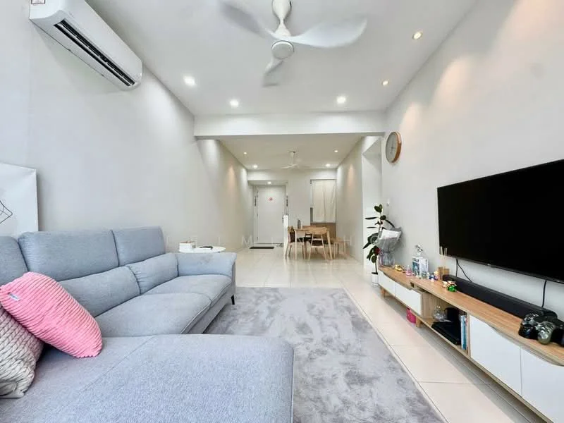 Living features: light grey fabric sectional sofa, pink decorative pillow, area rug with soft texture, wall-mounted flat-screen TV, light wood TV console, white shelving unit, ceiling fan with light, wall-mounted air conditioning unit, recessed downlights, large windows with natural light, dining area visible in background, neutral painted walls, white tiled flooring; style: modern.