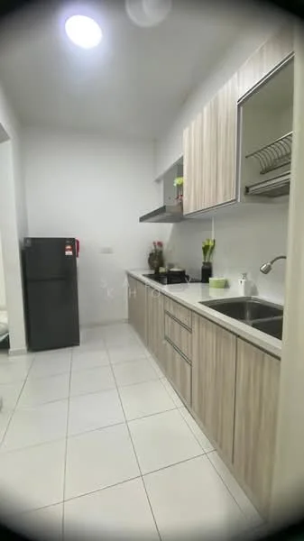 Kitchen features: stainless-steel sink, chrome pull-down faucet, laminate countertop, wood cabinetry in light brown, built-in oven, stainless-steel fridge, ceramic tile flooring, wall-mounted shelves, recessed downlights, white painted walls; style: modern.