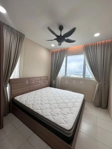 Bedroom features: queen-size bed, upholstered headboard, ceiling fan, floor-to-ceiling window, sheer curtains, blackout curtains, light-colored painted walls, tile flooring, decorative LED lighting, wall-mounted light fixtures; style: modern; view: city.
