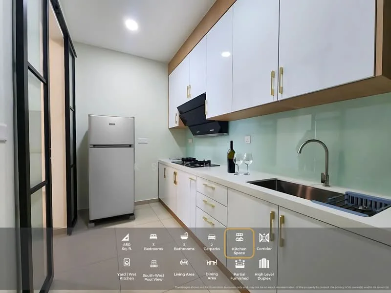 Kitchen features: white cabinetry with gold handles, black range hood, stainless-steel fridge, single-bowl stainless-steel sink, chrome pull-down faucet, white quartz countertop, glass backsplash, built-in gas stove, tile flooring, recessed downlights, wall-mounted wine bottle holder, open shelving; style: modern.