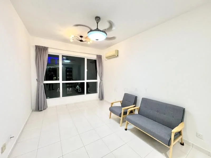 Living features: white painted walls, white tiled flooring, 5-blade ceiling fan with light, floor-to-ceiling windows, grey fabric 2-seater sofa, wooden frame for sofa, curtains in light grey, wall-mounted split AC; style: modern.