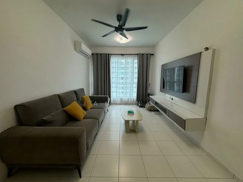 Living features: 3-seater fabric sofa in grey, yellow accent cushions, white coffee table, wall-mounted TV, TV console with storage, floor-to-ceiling windows, sheer curtains, white tiled flooring, 1 wall-mounted split AC, ceiling fan with light, decorative wall panel; style: modern; view: city.