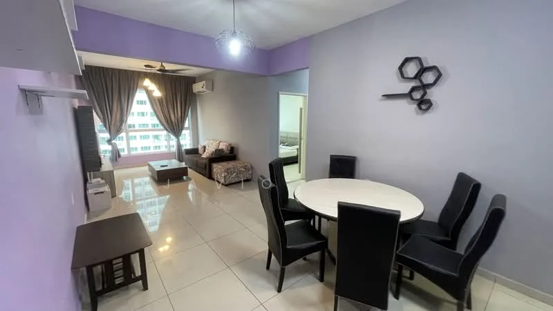 Dining features: round dining table, 6 black upholstered dining chairs, white marble tabletop, pendant light fixture, grey painted walls, tile flooring, wall-mounted decor, floor-to-ceiling windows with sheer curtains; style: modern; view: city. Living features: 3-seater fabric sofa in grey, coffee table, TV console, wall-mounted TV, ceiling fan, decorative wall art, tile flooring; style: modern; view: city.