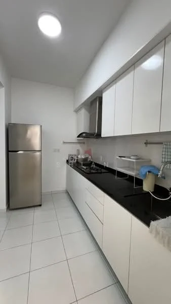 Kitchen features: stainless-steel fridge, black granite countertop, white flat-panel cabinets, built-in oven, stainless-steel range hood, single-bowl stainless-steel sink, chrome pull-down faucet, white tiled backsplash, ceramic tile flooring, recessed ceiling lights; style: modern.