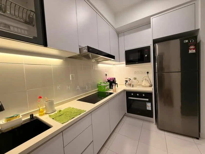 Kitchen features: white cabinetry, black countertop, single-bowl stainless-steel sink, chrome pull-down faucet, built-in oven, freestanding range oven, microwave, stainless-steel fridge, ceramic tile flooring, recessed LED downlights, tile backsplash, green dish drying mat; style: modern.