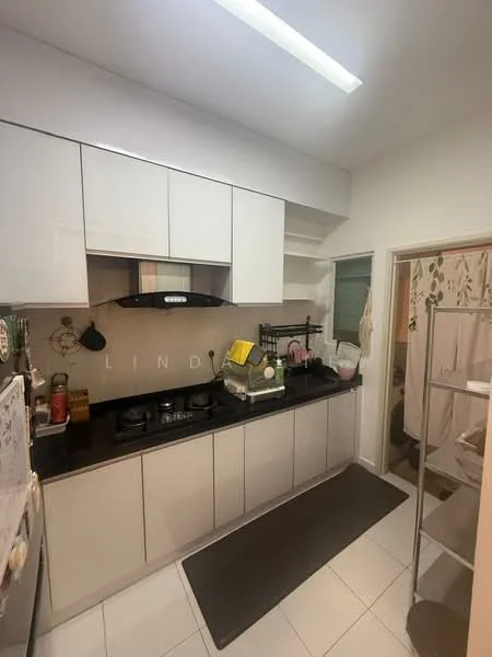 Kitchen features: white flat-panel cabinets, black granite countertop, built-in gas stove, stainless-steel range hood, white tiled backsplash, double-bowl stainless-steel sink, refrigerator, kitchen mat, open shelving, window with sheer curtains, hanging storage rack, wall-mounted utensils holder; style: modern.