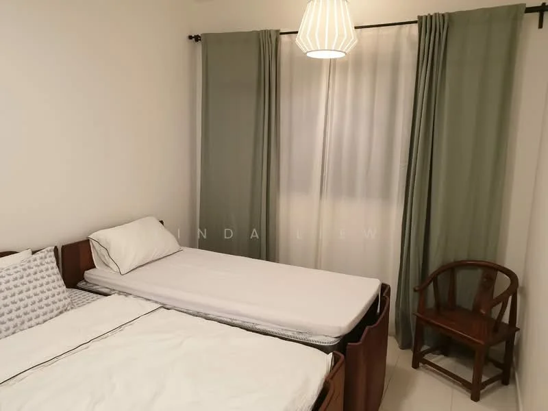 Bedroom features: white painted walls, light-colored flooring, two single beds with bedding, green curtains, sheer white curtains, wooden chair, bedside table, pendant light fixture; style: modern.