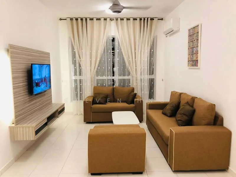 Living features: 3-seater fabric sofa in brown, 2-seater fabric sofa in brown, armchair in brown, white coffee table, wall-mounted TV, light-colored feature wall, floor-to-ceiling windows, sheer curtains, ceiling fan, white tiled flooring, decorative wall art, air conditioning unit; style: modern.