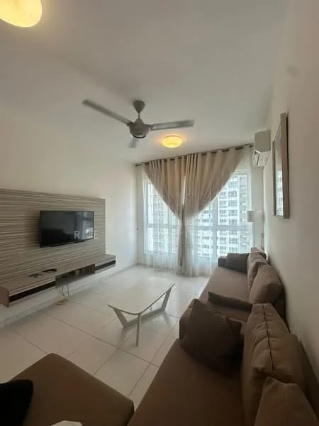 Living features: 2-seater fabric sofa in brown, 3-seater fabric sofa in brown, coffee table, wall-mounted TV, TV console, floor-to-ceiling windows, sheer curtains, 5-blade ceiling fan, recessed downlights, white painted walls, tile flooring, air conditioning unit; style: modern; view: city.