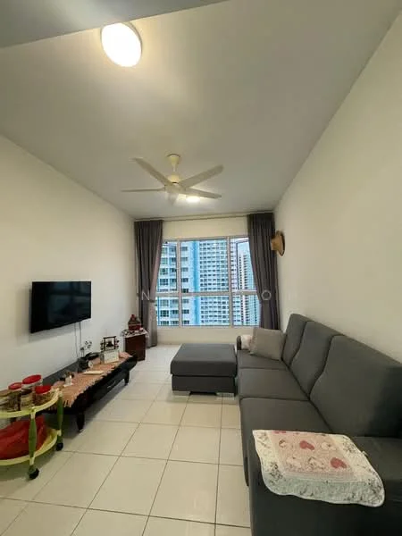 Living features: 3-seater fabric sofa in grey, L-shape sectional sofa, coffee table, wall-mounted TV, TV console, floor-to-ceiling windows, curtains, ceiling fan, white painted walls, tile flooring, decorative wall art, area rug; style: modern; view: city.