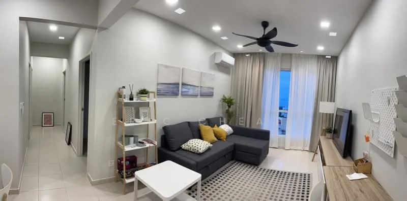 Living features: grey fabric sofa, yellow accent cushion, white coffee table, area rug with geometric pattern, wall-mounted TV, wooden TV console, 5-blade ceiling fan with light, recessed LED downlights, floor-to-ceiling windows with sheer curtains, decorative wall art, indoor plant, open shelving unit; style: modern; view: city. Hallway features: white painted walls, tile flooring, recessed lighting; style: modern.