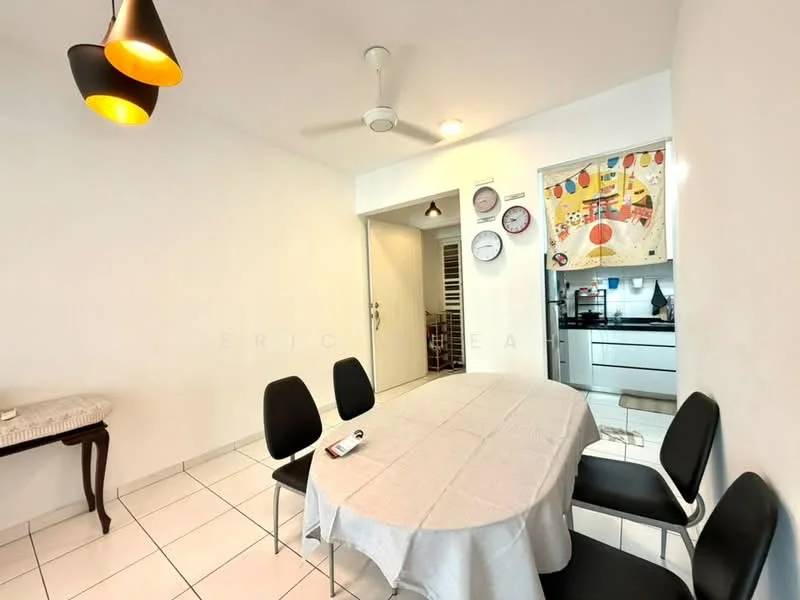Dining features: round dining table, tablecloth, 4 black dining chairs, white walls, ceiling fan, pendant light, tile flooring, wall-mounted clock, artwork on wall, open doorway to kitchen; style: modern.