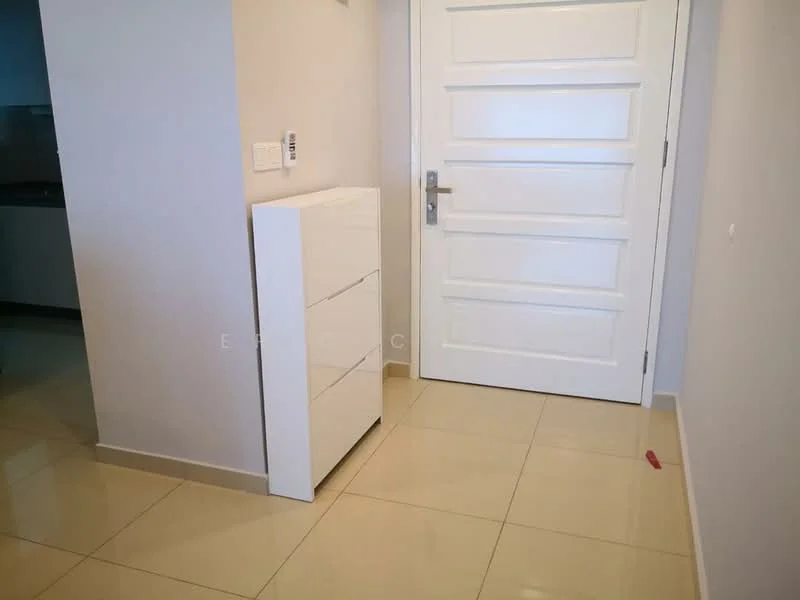 Room features: white painted walls, glossy beige tile flooring, white cabinet with drawers, modern door with silver handle, light switch, doorbell, neutral color scheme; style: modern.