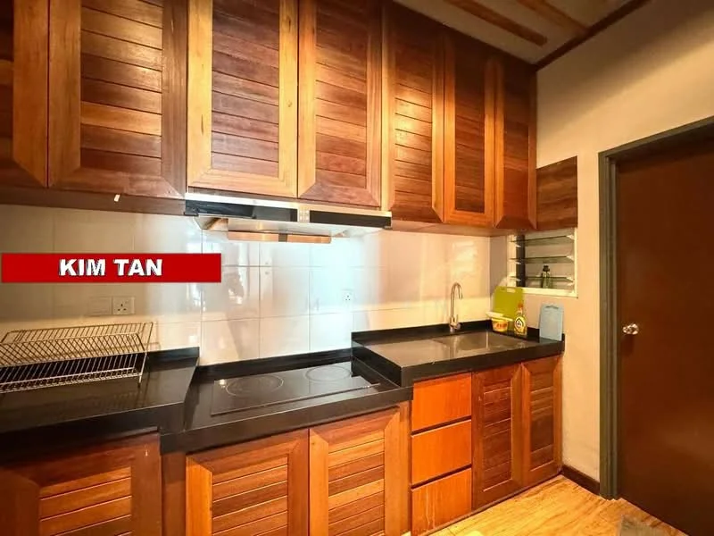 Kitchen features: wooden cabinetry with horizontal slats, black granite countertop, built-in stove with two burners, stainless-steel range hood, single-bowl stainless-steel sink, wall-mounted kitchen rack, white tiled backsplash, wooden flooring; style: modern.