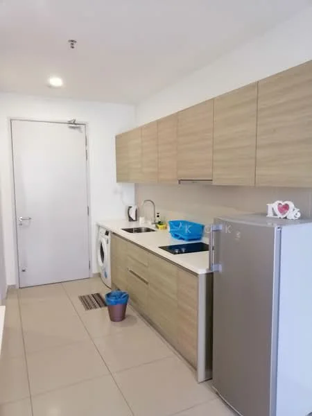 Kitchen features: light wood cabinetry, white countertop, single-bowl stainless-steel sink, chrome pull-down faucet, built-in electric stove, stainless-steel fridge, front-load washing machine, tile flooring, white painted walls, recessed downlights, kettle, decorative items on countertop; style: modern.