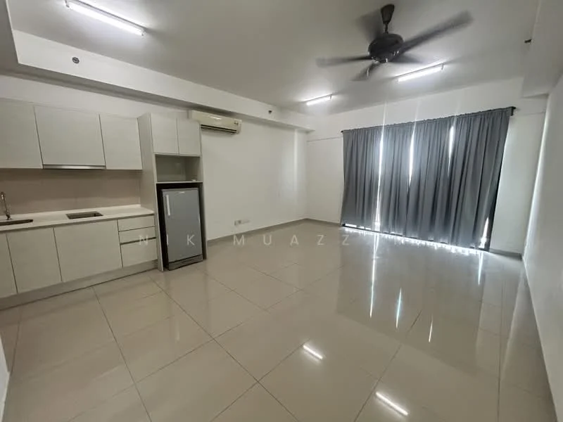 Living features: white cabinetry, stainless-steel sink, single-door fridge, built-in oven, ceramic tile flooring, ceiling fan, recessed downlights, grey curtains, air conditioning unit, open layout; style: modern.
