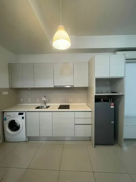 Kitchen features: white cabinetry, single-bowl stainless-steel sink, chrome pull-down faucet, black cooktop, built-in refrigerator, front-load washing machine, white tiled backsplash, light pendant, ceramic tile flooring, open shelving, counter space, drawer storage; style: modern.