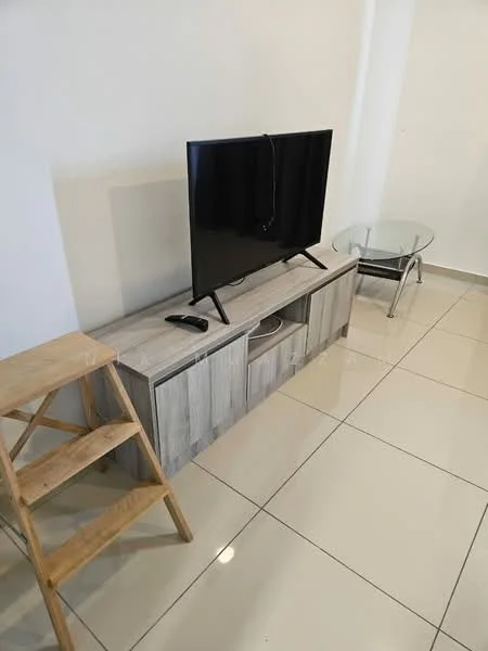 Living features: flat-screen TV on stand, wooden TV console in light grey, glass coffee table, folding wooden step ladder, glossy tile flooring, white painted walls, recessed lighting; style: modern.
