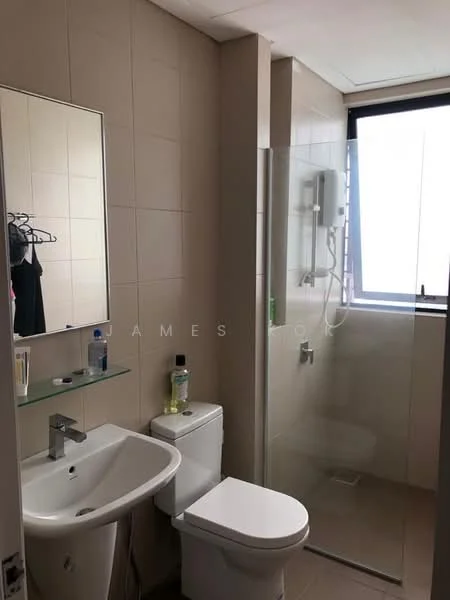 Bathroom features: white tiled walls, cream tiled flooring, single-sink vanity with glass shelf, chrome basin mixer faucet, framed mirror, one-piece toilet, walk-in shower with glass enclosure, rain shower head, shower wall with tile cladding, window for natural light; style: modern.