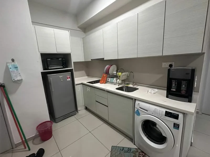 Kitchen features: light grey cabinetry, white countertop, single-bowl stainless-steel sink, chrome pull-down faucet, built-in microwave, stainless-steel fridge, front-load washing machine, ceramic tile flooring, wall-mounted cabinets, dish rack, kitchen utensils, open shelving; style: modern.
