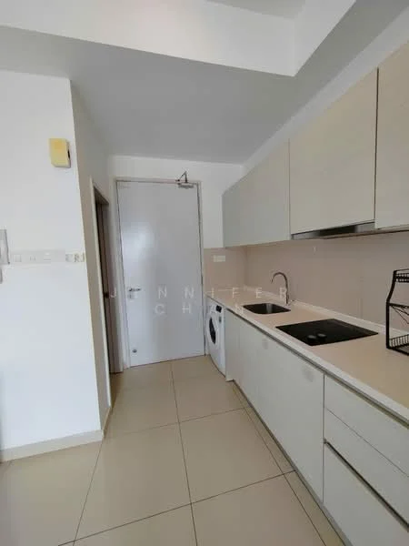 Kitchen features: white cabinetry, single-bowl stainless-steel sink, chrome pull-down faucet, built-in washing machine, ceramic tile backsplash, white walls, light-colored countertops, tile flooring, recessed downlights; style: modern.