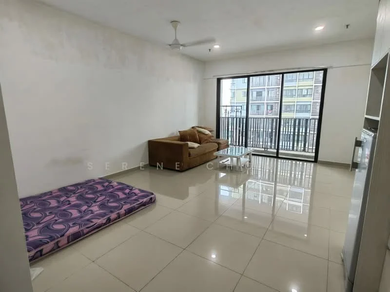 Living features: cream painted walls, glossy tile flooring, ceiling fan, large sliding glass door, balcony access, sofa in brown fabric, mattress on floor, window with view of exterior, neutral decor; style: modern.