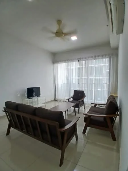 Living features: 3-seater wooden sofa, 2-seater wooden sofa, coffee table, TV console, wall-mounted TV, ceiling fan, white painted walls, tile flooring, floor-to-ceiling windows with sheer curtains, natural light; style: modern.