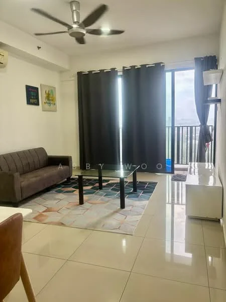Living features: 3-seater fabric sofa in grey, coffee table with black legs, area rug with geometric pattern, floor-to-ceiling windows, blackout curtains, wall-mounted shelf, wall-mounted air conditioning unit, glossy tile flooring, ceiling fan with light; style: modern; view: city.