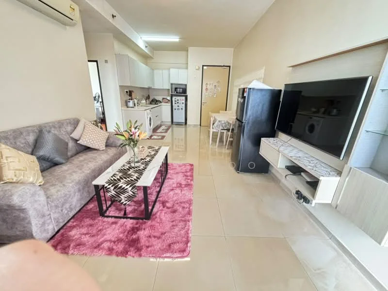Living features: 3-seater fabric sofa in grey, coffee table with black and white design, area rug in pink, wall-mounted TV, TV console with storage, decorative wall shelf, recessed downlights, floor-to-ceiling windows, open layout to kitchen, air conditioning unit; style: modern. Kitchen features: white cabinetry, stainless-steel fridge, built-in oven, freestanding range oven, ceramic tile flooring, countertop with space for appliances, open layout to living area; style: modern.