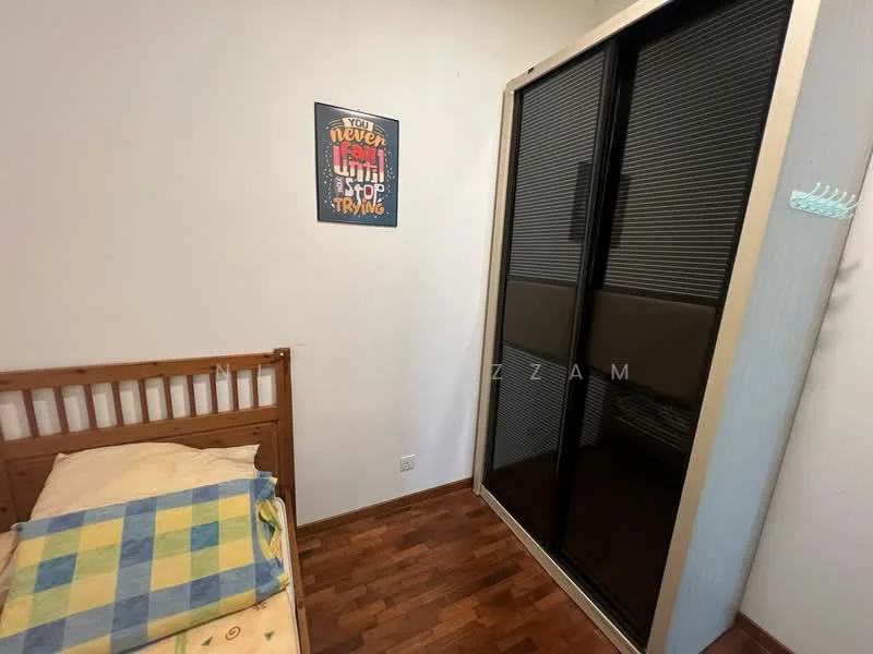 Bedroom features: wooden bed frame, single bed, bedding with blue and yellow checkered pattern, wooden flooring, white painted walls, sliding wardrobe with mirrored doors, decorative wall art with motivational quote, ceiling light fixture.