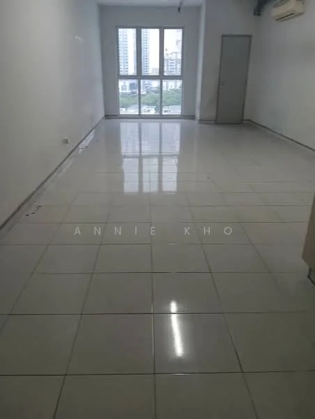 Room features: white painted walls, glossy ceramic tile flooring, floor-to-ceiling windows, city view, 1 wall-mounted split AC, neutral color scheme, no visible furniture, single door, recessed lighting; style: modern; view: city.