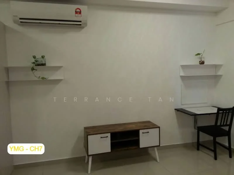 Room features: white painted walls, tile flooring, 1 wall-mounted split AC, wooden TV console with white cabinet doors, 2 floating shelves, black dining chair, small potted plants on shelves, study desk with drawer; style: modern.