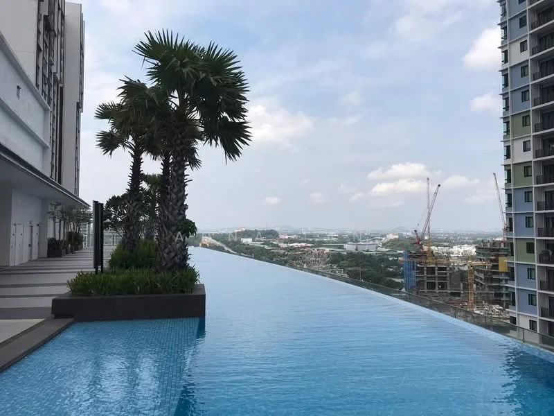 Exterior type: high-rise condominium; features: infinity pool, pool deck with loungers, tropical landscaping with palm trees, city skyline view, surrounded by construction sites, manicured garden area; style: modern.