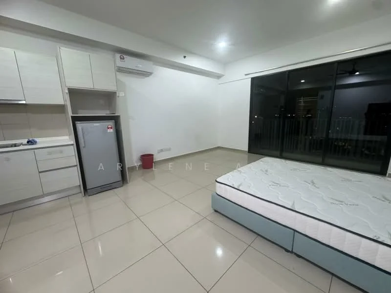 Room features: white cabinets, stainless-steel fridge, single-bowl sink, chrome faucet, countertop with storage, wall-mounted split AC, tile flooring, large sliding glass door, balcony access, unmade bed with mattress, neutral wall color, ceiling light fixture; style: modern; view: city.