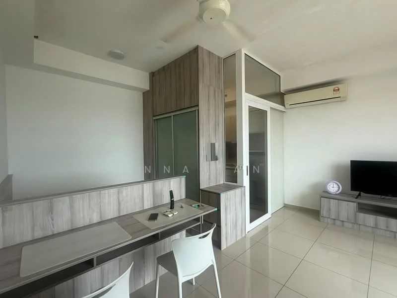Room features: light-colored tiled flooring, white walls, built-in cabinetry, glass sliding door, wall-mounted air conditioning unit, ceiling fan, TV console, desk with chair, decorative wall paneling, window with natural light; style: modern.