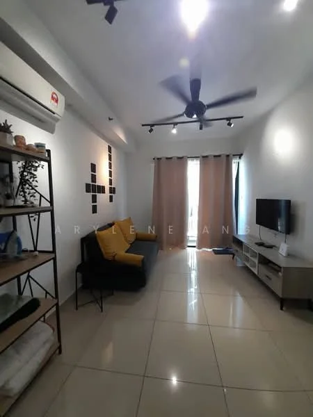 Living features: 3-seater fabric sofa in black, ceiling fan with light, wall-mounted TV, TV console in light wood, floor-to-ceiling windows, curtains in beige, cream painted walls, glossy tile flooring, open shelving unit, decorative wall art; style: modern.