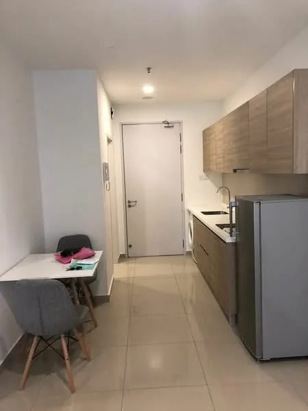 Kitchen features: white painted walls, light wood cabinetry, stainless-steel sink, chrome pull-down faucet, white countertop, built-in oven, stainless-steel fridge, ceramic tile flooring, dining table for two, grey upholstered chairs; style: modern.
